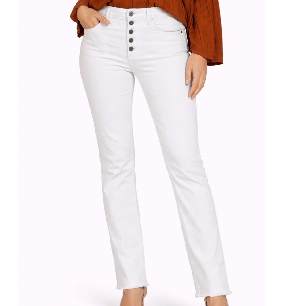Free People button fly jeans white stretch skinny raw hem SZ 29"